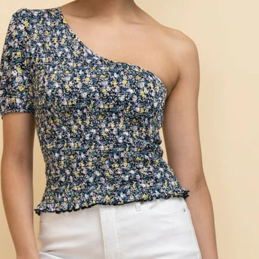 Ricki's One-Shoulder Floral Smocked Top in Navy, Yellow & Lilac - Picture 3 of 4